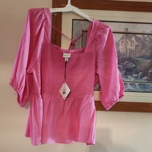 Ava & Viv Pink Smocked Blouse with Tie-Back NWT
